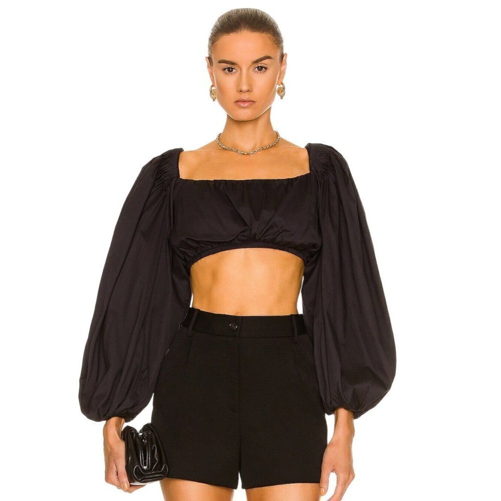 Zeynep Arcay Balloon Cotton Crop Top in Black 6 New Womens Blouse